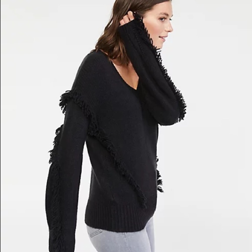 Ann Taylor Black V-neck Fringe Sweater